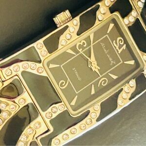 “Susan Lucci” Black and Silver Quartz Watch/Cuff/Bangle - Crystal Embellishments